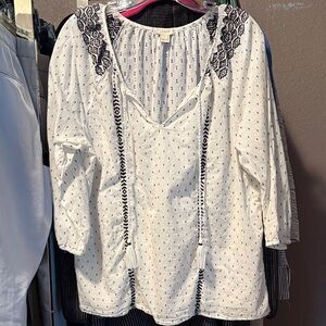 J. Crew White and Black Embroidered Blouse